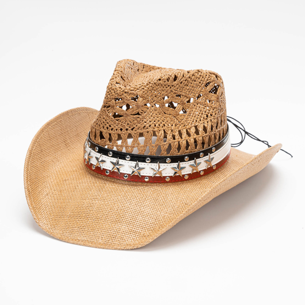 Five-pointed star leather belt, retro, comfortable, breathable, casual, versatile, outdoor wide-brimmed sun protection, Western cowboy straw hat