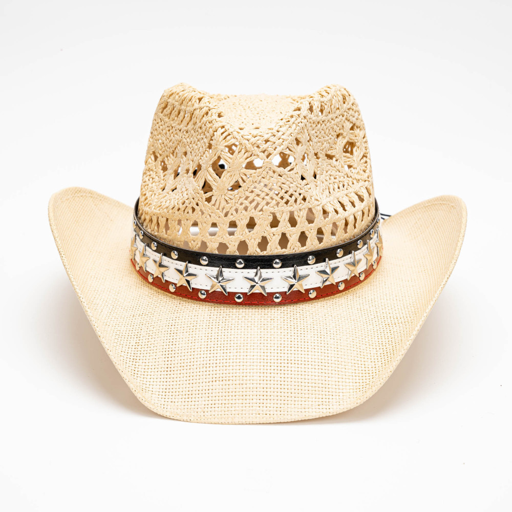 Five-pointed star leather belt, retro, comfortable, breathable, casual, versatile, outdoor wide-brimmed sun protection, Western cowboy straw hat