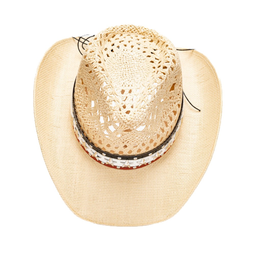 Five-pointed star leather belt, retro, comfortable, breathable, casual, versatile, outdoor wide-brimmed sun protection, Western cowboy straw hat