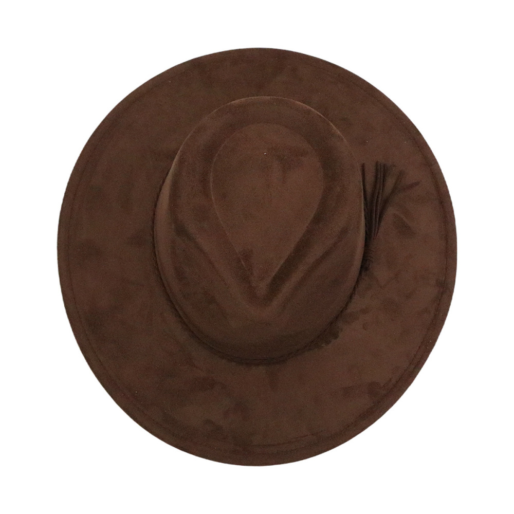 New cross-border export faux suede teardrop-shaped wide-brimmed hat with tassel accessories, fashionable runway style hat.