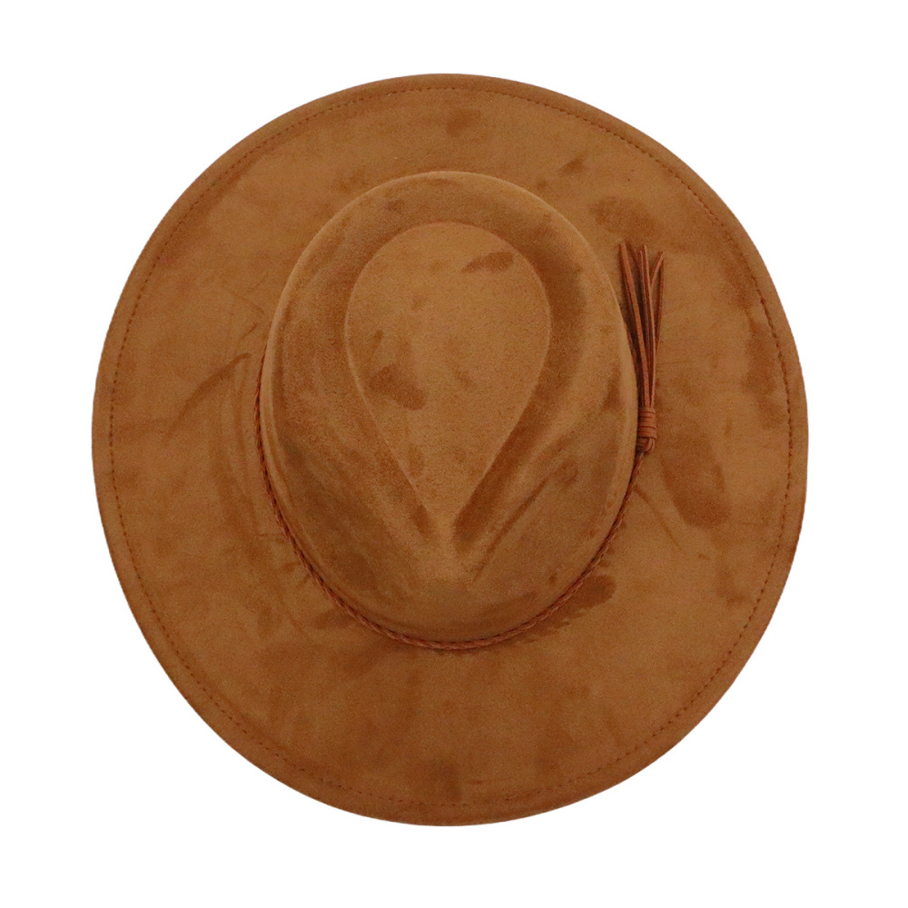 New cross-border export faux suede teardrop-shaped wide-brimmed hat with tassel accessories, fashionable runway style hat.