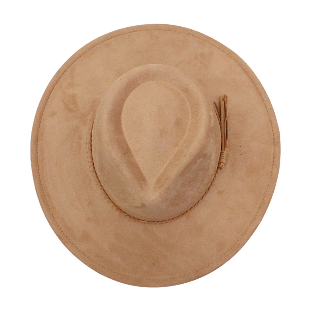 New cross-border export faux suede teardrop-shaped wide-brimmed hat with tassel accessories, fashionable runway style hat.