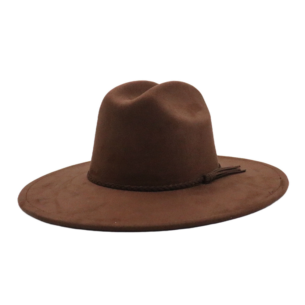 Suede fedora for men and women, suitable for cross-border e-commerce platforms like AliExpress, Wish, Amazon, and eBay. Also available: wide-brimmed fedora with a flat brim.