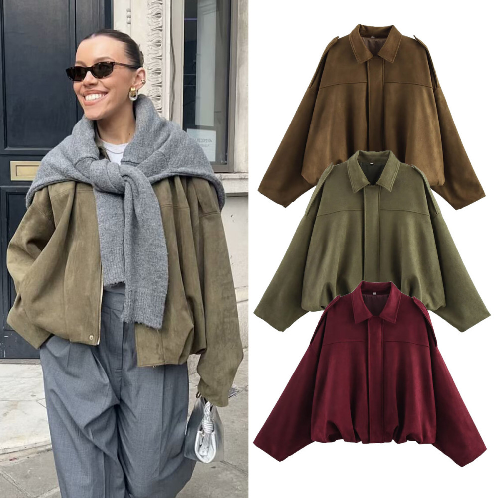 2026 Amazon European and American style suede textured lapel zip-up button bomber jacket top for women.