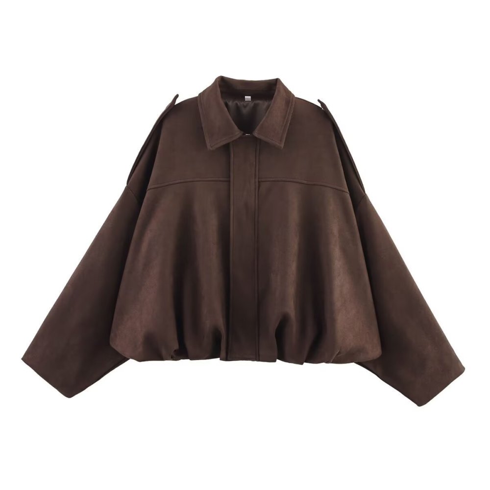 2026 Amazon European and American style suede textured lapel zip-up button bomber jacket top for women.