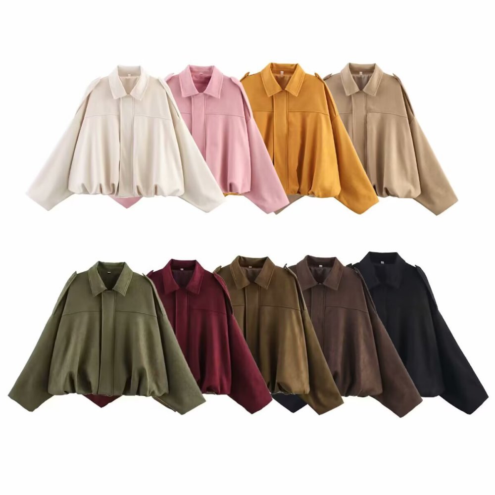 2026 Amazon European and American style suede textured lapel zip-up button bomber jacket top for women.