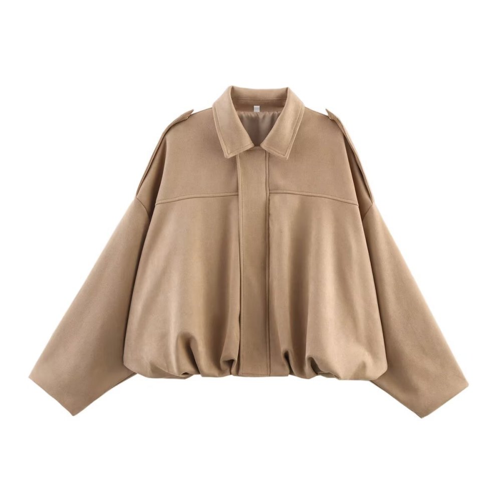 2026 Amazon European and American style suede textured lapel zip-up button bomber jacket top for women.