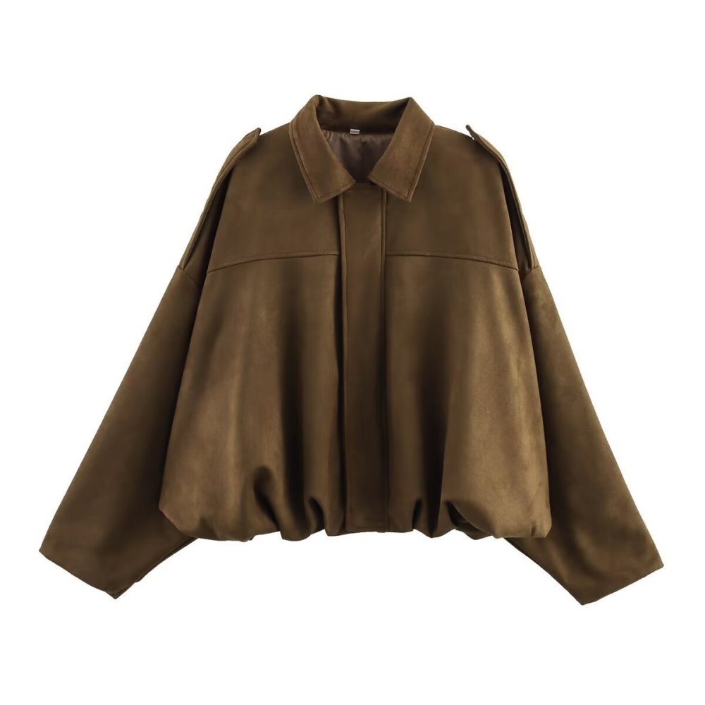 2026 Amazon European and American style suede textured lapel zip-up button bomber jacket top for women.