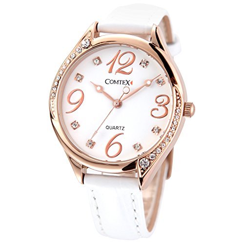 COMTEX watch White Leather Band Watch rose gold lovely round Watch Ladies