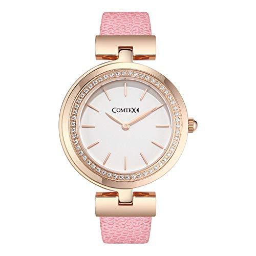 COMTEX Ladies Watch leather watch sapphire glass pink gold watch women watch for Womens Pink