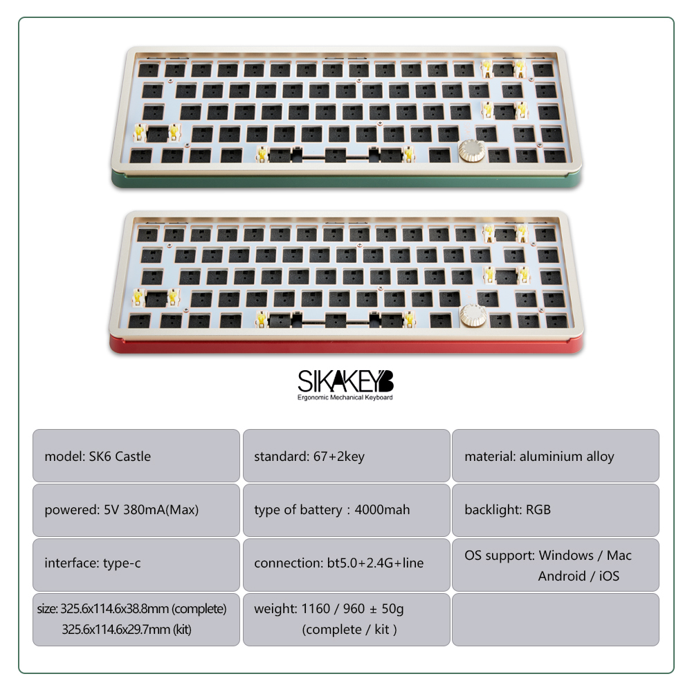 SIKAKEYB SK6 Castle Wired Wireless backlit gaming hotswap gasket Metal aluminum diy Kit %65 68 key knob mechanical keyboard
