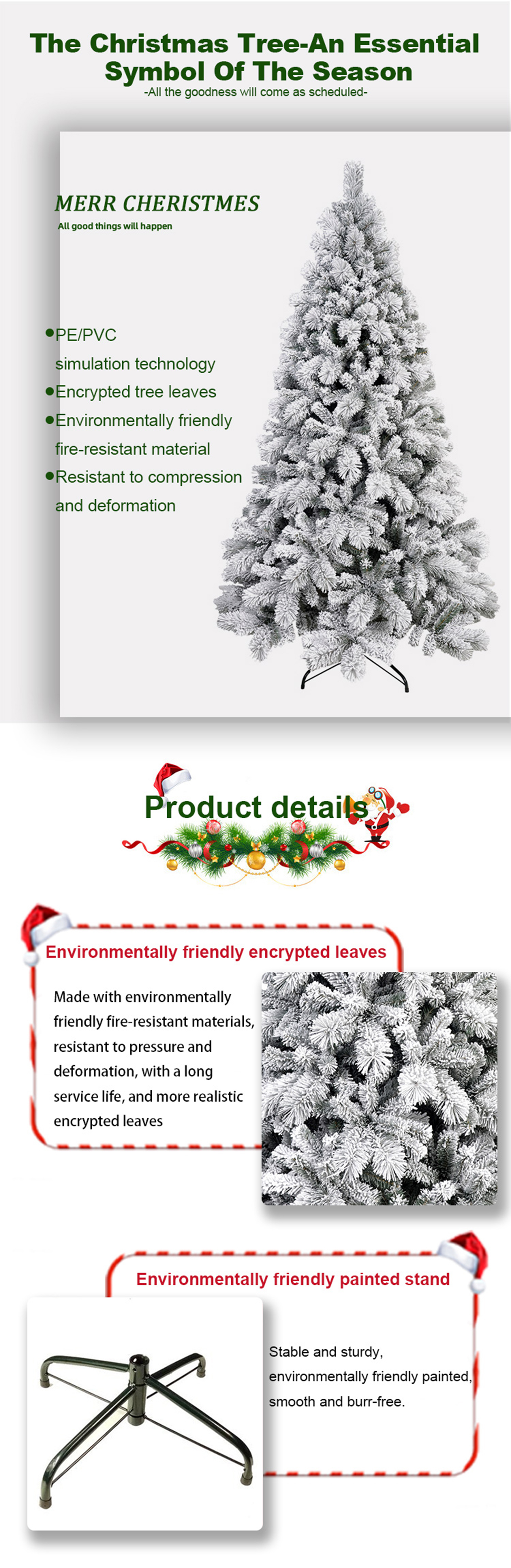 Premium Snow Flocked Hinged Artificial Christmas Fake Spruce Full Tree for Home Office Party Decoration with White Snow Tips and Metal Stand
