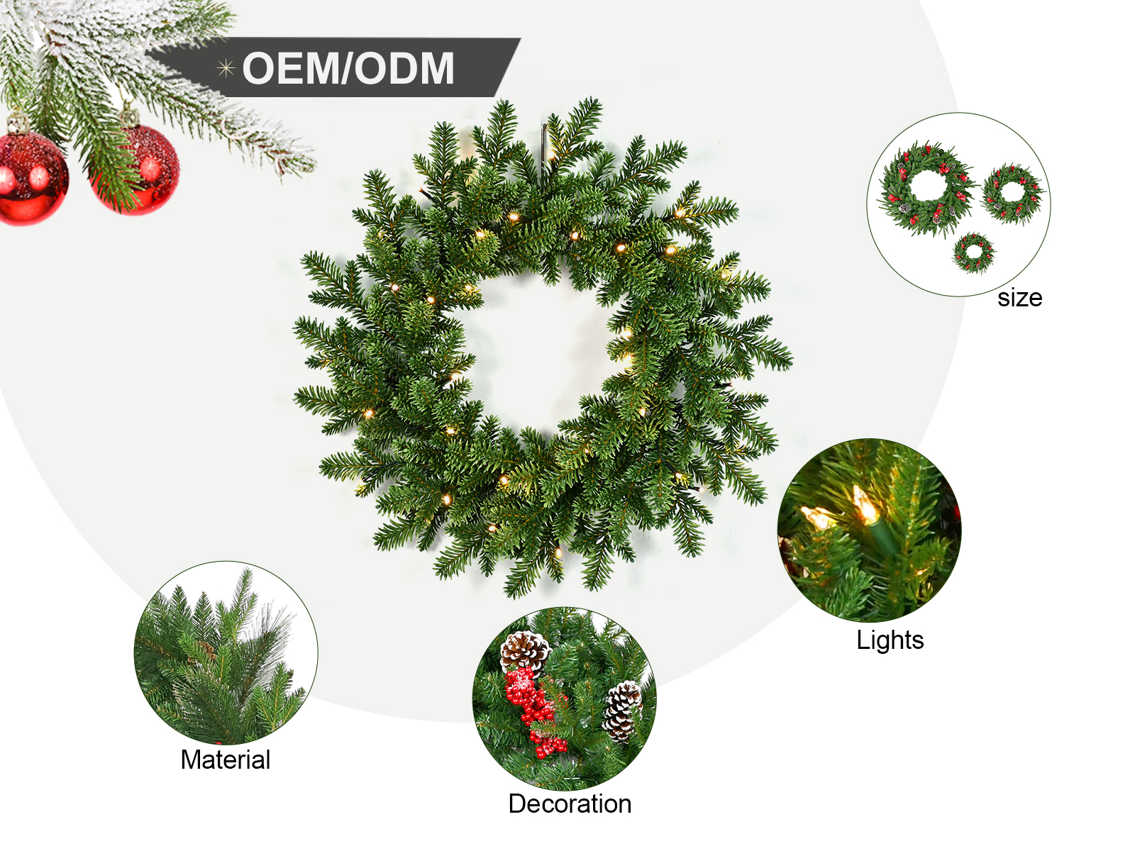Dual-Style PE Christmas Wreath with Warm LED Lights - Customizable Sizes