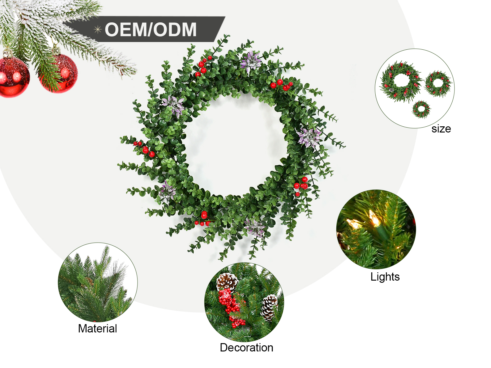 Eucalyptus PE Christmas Wreath with Red Berries and Floral Accents - Customizable Sizes