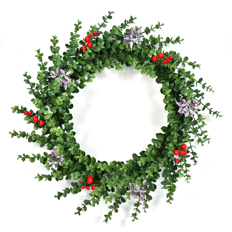 Eucalyptus PE Christmas Wreath with Red Berries and Floral Accents - Customizable Sizes