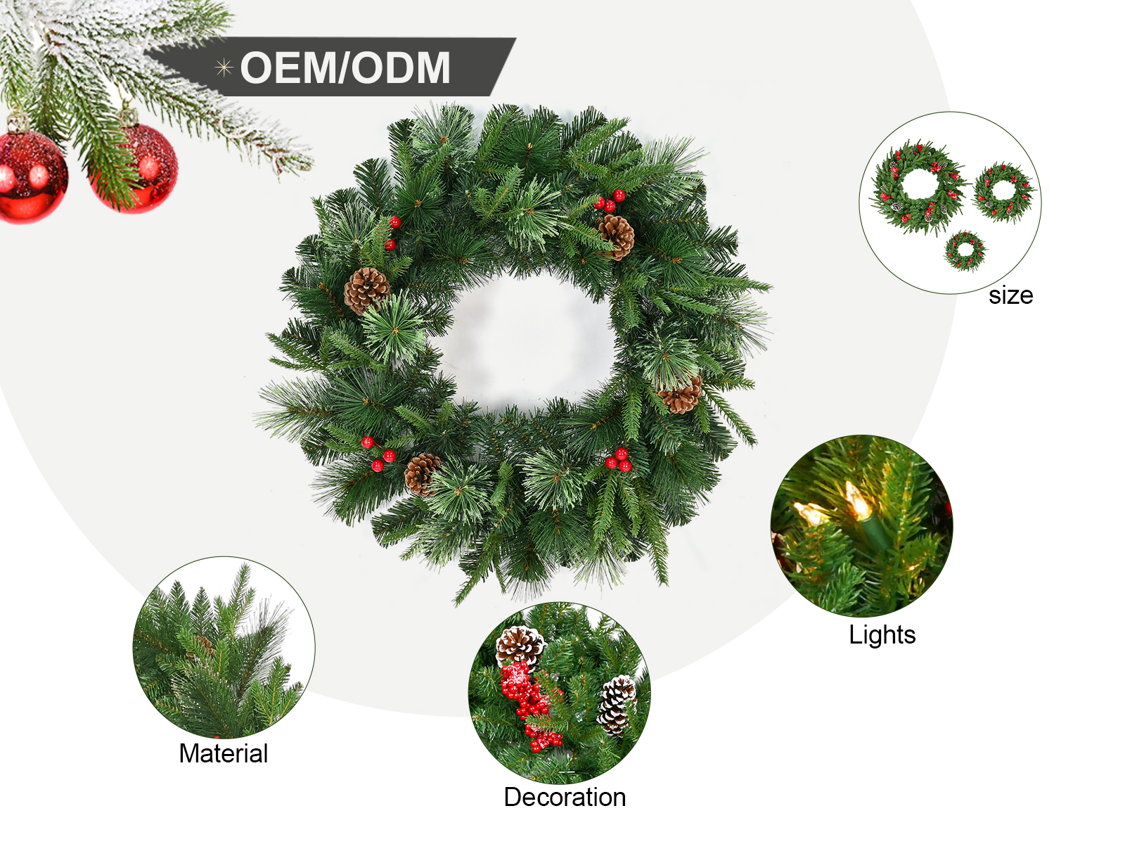 Customizable PE+PVC+Pine Needle Christmas Wreath with Pinecones and Berries