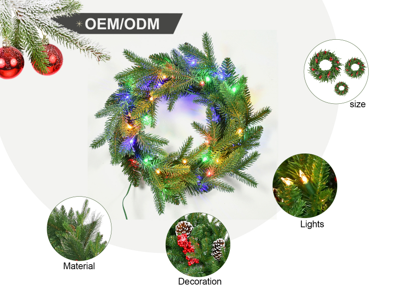 Customizable PE Christmas Wreath with Colorful LED Lights