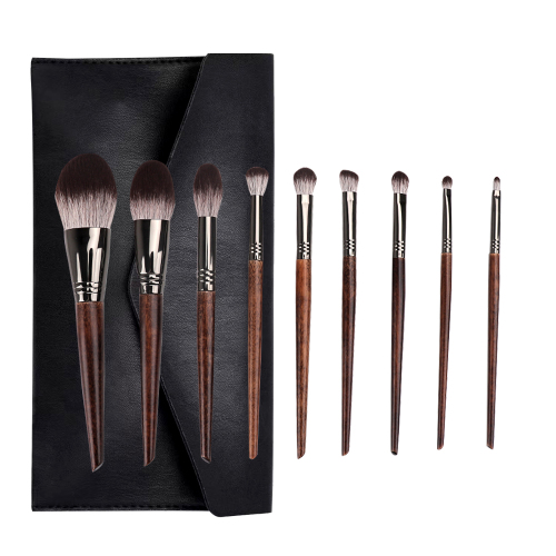 Bronze Wood Handle Dual Color Hair Makeup Brush 9 PCS Set
