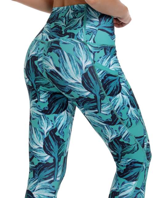 Women High Waisted Workout Leggings Green Palm Leaves