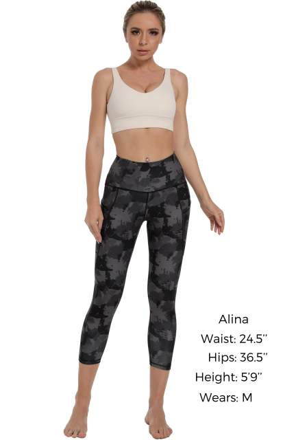 Women High Waisted Workout Leggings Dark Grey Splinter Camo