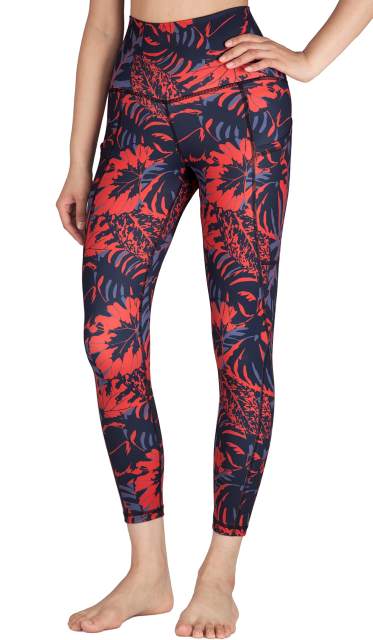Women High Waisted Workout Leggings Green Palm Leaves