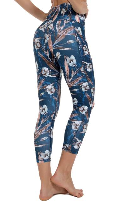 Women High Waisted Workout Leggings Blue White Flowers