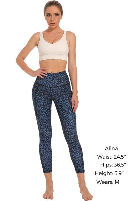 Women High Waisted Workout Leggings Dark Blue Leopard