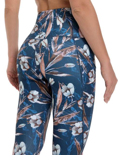 Women High Waisted Workout Leggings Blue White Flowers