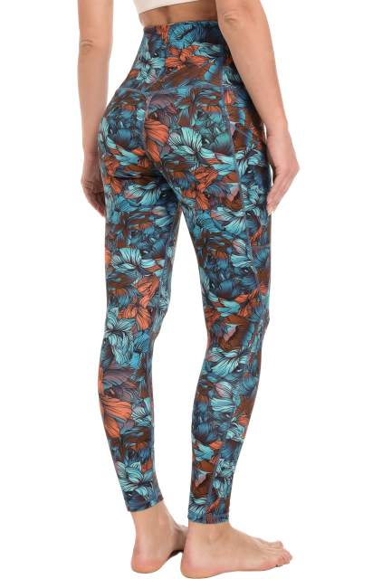 Women High Waisted Workout Leggings Dark Blue Leaves