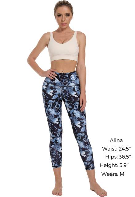 Women High Waisted Workout Leggings Blue Paint Leaves