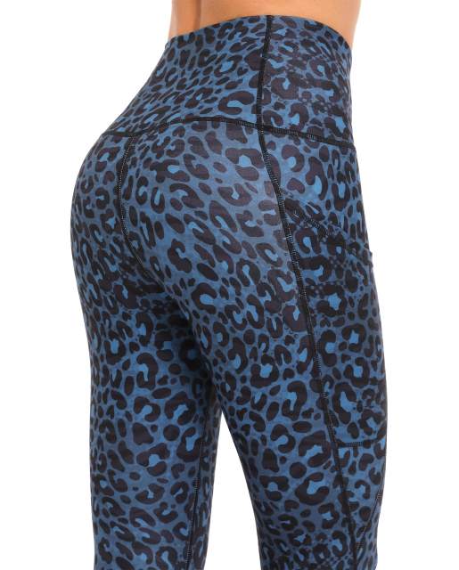 Women High Waisted Workout Leggings Dark Blue Leopard