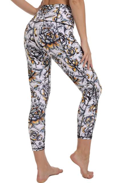 Women High Waisted Workout Leggings Blue White Flowers