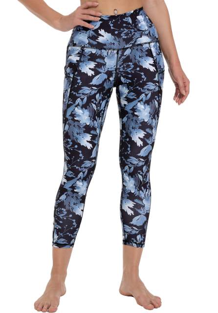 Women High Waisted Workout Leggings Blue Paint Leaves