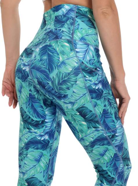 Women High Waisted Workout Leggings Green Leaves