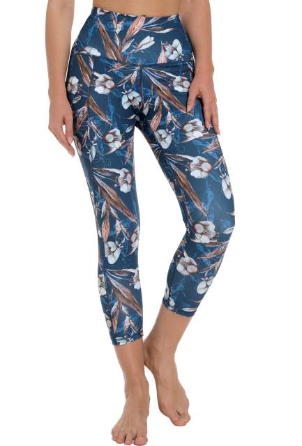 Women High Waisted Workout Leggings Blue White Flowers