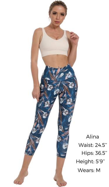 Women High Waisted Workout Leggings Blue White Flowers