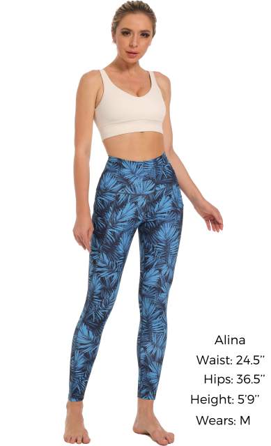 Women High Waisted Workout Leggings Dark Blue Leaves