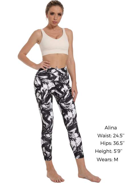 Women High Waisted Workout Leggings Black White Splinter