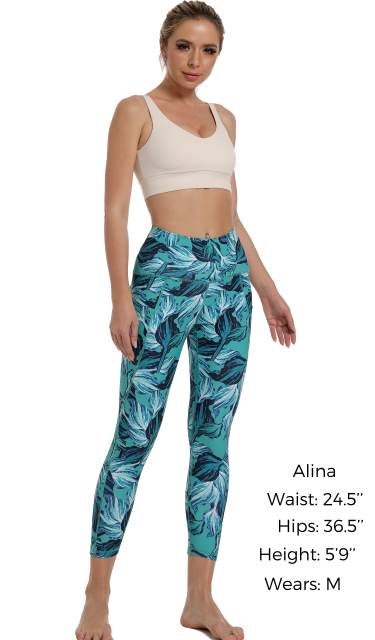 Women High Waisted Workout Leggings Green Palm Leaves