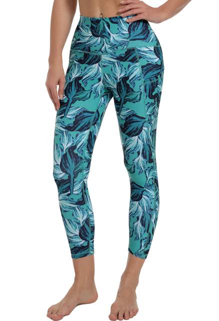 Women High Waisted Workout Leggings Green Palm Leaves