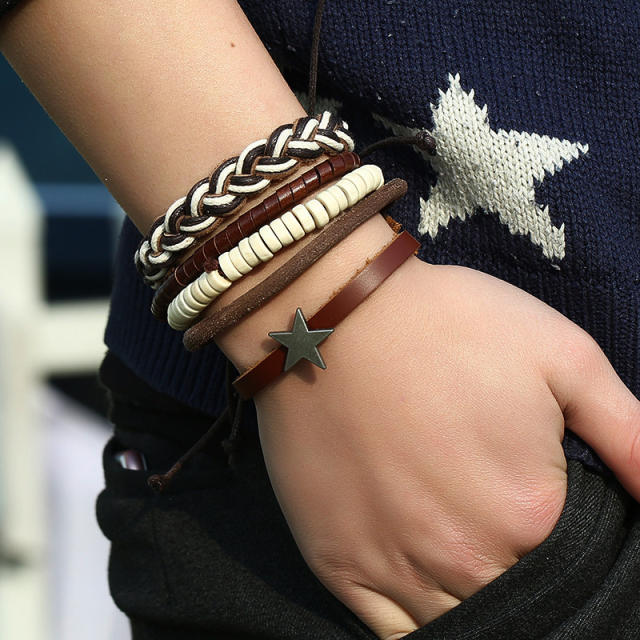 Genuine Leather Bracelet Multi-layered Vintage Woven Ethnic Tribal Adjustable