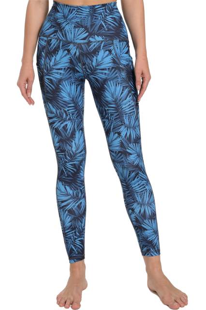 Women High Waisted Workout Leggings Dark Blue Leaves