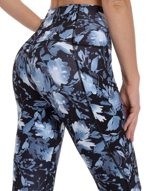 Women High Waisted Workout Leggings Blue Paint Leaves