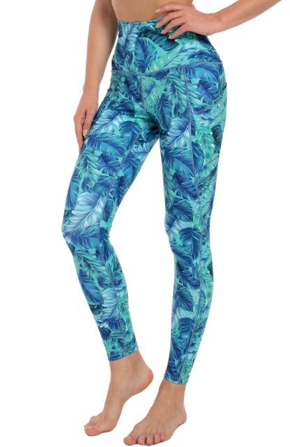 Women High Waisted Workout Leggings Green Leaves