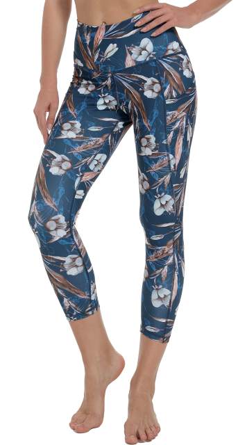 Women High Waisted Workout Leggings Blue Paint Leaves