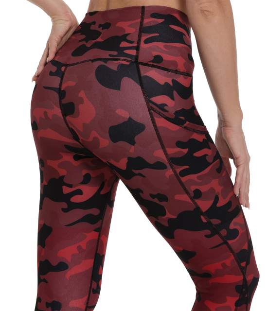 Women High Waisted Workout Leggings Red Black Camo