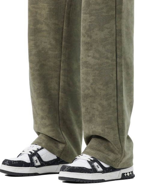 Mens Basic Casual Pants Synthetic Suede Camouflage Wide Leg Pants Relaxed Fit Olive