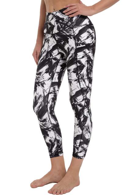 Women High Waisted Workout Leggings Black White Splinter