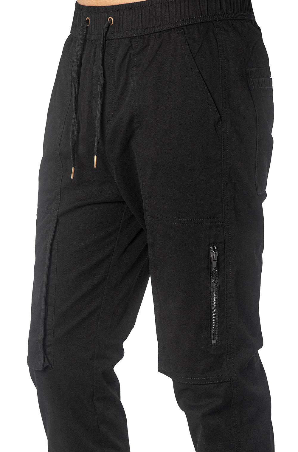 Close-up of metal zipper pocket on black slim-fit joggers for secure phone storage