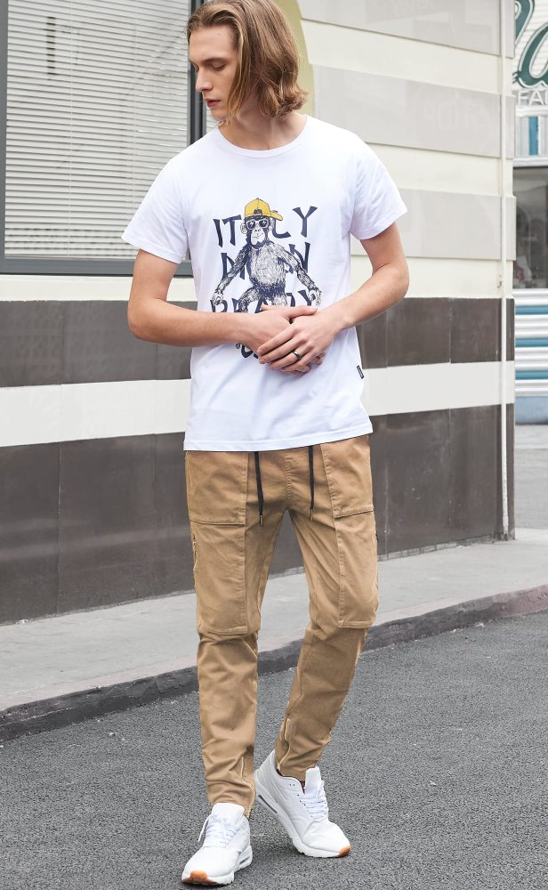 Mens Joggers with Zipper Pockets Slim Fit Khaki